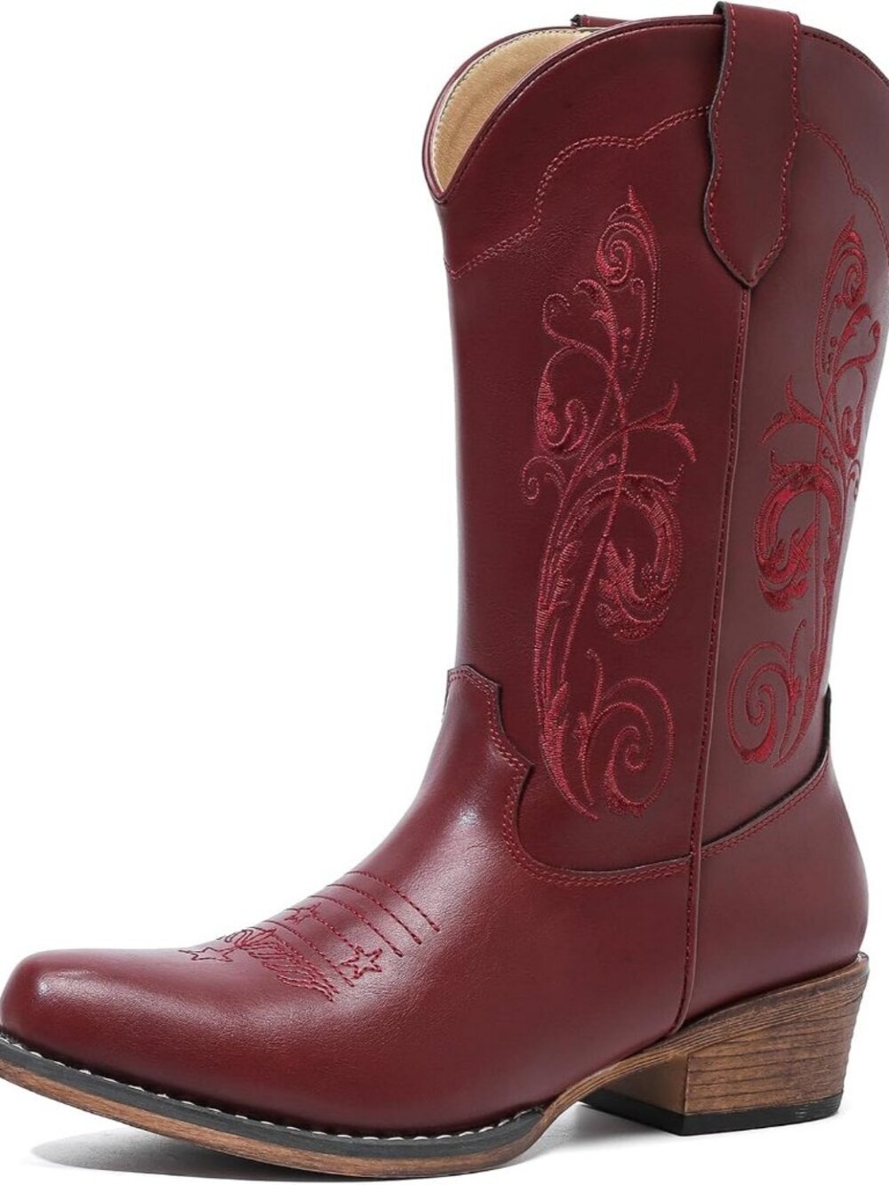 Women's Red Western Mid Boots Embroidered Cowgirl Boots Ladies Pointy Toe